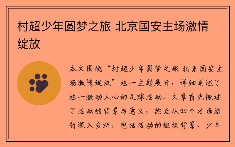村超少年圆梦之旅 北京国安主场激情绽放