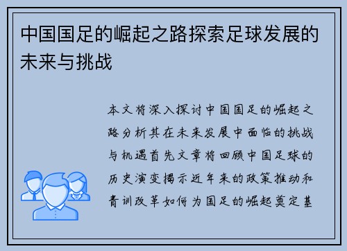 中国国足的崛起之路探索足球发展的未来与挑战