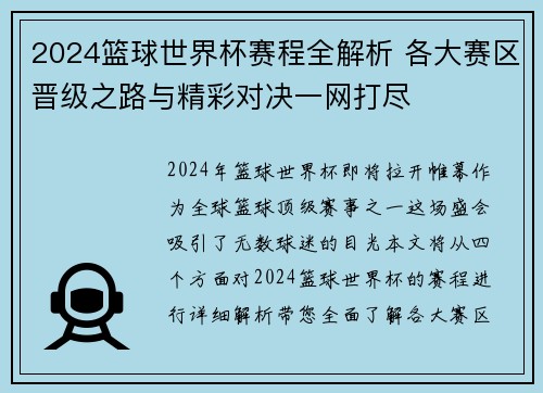 2024篮球世界杯赛程全解析 各大赛区晋级之路与精彩对决一网打尽