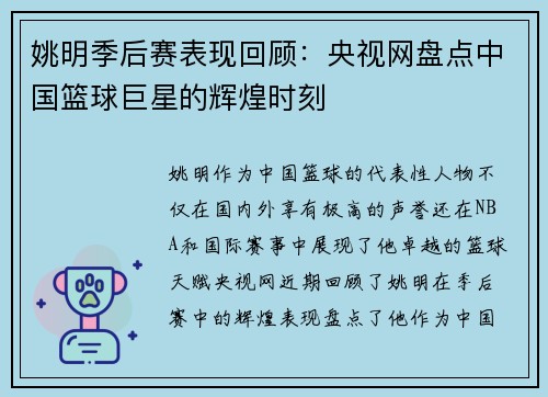 姚明季后赛表现回顾：央视网盘点中国篮球巨星的辉煌时刻