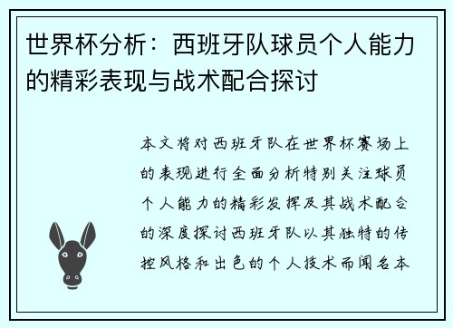 世界杯分析：西班牙队球员个人能力的精彩表现与战术配合探讨